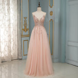 Sparkly Pink Beading Long Prom Dress Spaghetti Straps Tulle Sequined Party Gown OKW71