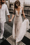 Sparkly Sequins Lace A-line Open Back Deep V-neck Beach Wedding Dresses OK1673