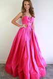 Strapless Hot Pink Satin Long Prom Dress With Bowknot A-line Formal Evening Dress OKX12
