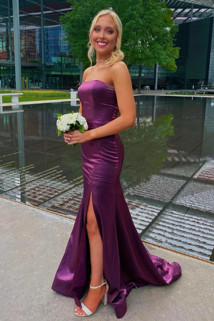 Simple Strapless Mermaid Satin Long Prom Dresses with High Slit Graduation Evening Dresses OK1672