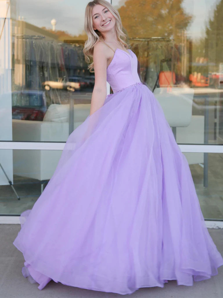 Purple Tulle Long A-Line Prom Dress, Purple Strapless Evening Party Dr