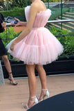 Strapless Pink Tulle Short Homecoming Dress Princess Sleeveless School Party Dress OK1508
