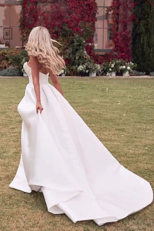 Strapless A-line Satin Wedding Gown with Slit Simple Long Beach Wedding Dress OK1649
