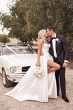 Strapless A-line Satin Wedding Gown with Slit Simple Long Beach Wedding Dress OK1649