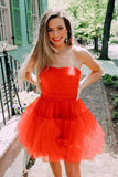 Strapless Short Red Prom Dress A Line Sweet Tulle Graduation Homecoming Dress OKX48