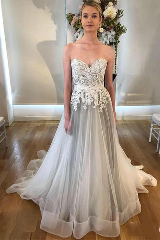 Sweetheart Neck A Line Silver Grey Long Prom Dresses Long Appliqued Evening Dresses OK2021