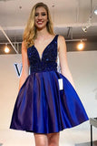 A-line V-neck Satin Royal Blue Beaded Prom Dress Short Homecoming Dress OKZ61