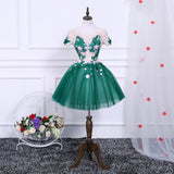 Green A Line Short Sleeves Tulle Floral Appliques Short Homecoming Dress OKN50