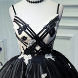 A Line Spaghetti Straps Tulle Black Short Homecoming Dresses With Appliques OKN46