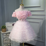 Cute Pink A Line Tulle Off the Shoulder Homecoming Dress With Flowers OKN53