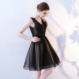 A Line V Neck Black Homecoming Dress, Short Tulle Appliques Prom Dress OKN63
