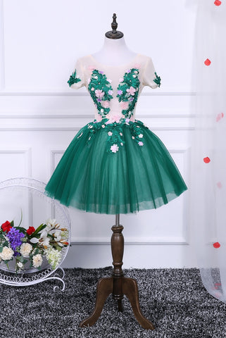 Green A Line Short Sleeves Tulle Floral Appliques Short Homecoming Dress OKN50