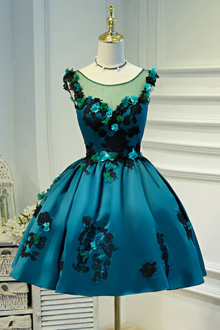 A Line Flower Appliques Round Neck Homecoming Dress, Blue Short Prom Dress OKN71