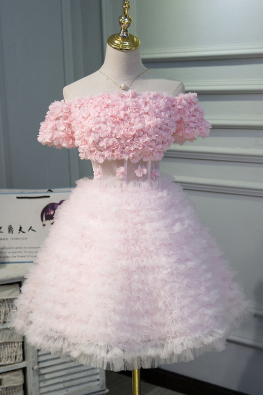 Cute Pink A Line Tulle Off the Shoulder Homecoming Dress With Flowers OKN53