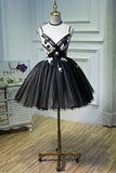 A Line Spaghetti Straps Tulle Black Short Homecoming Dresses With Appliques OKN46