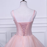 Pink A Line Tulle Spaghetti Straps Homecoming Dress With Appliques OKN54