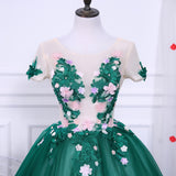 Green A Line Short Sleeves Tulle Floral Appliques Short Homecoming Dress OKN50