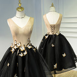 A Line Black V Neck Homecoming Dress, Sleeveless Prom Dress With Butterfly OKN68