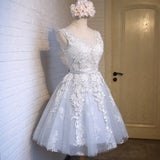 A-Line Lace Appliques V Neck Gray Short Homecoming Dresses OKD6