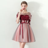 A Line Red Flowers Half Sleeves Homecoming Dress, Short Appliques Prom Dress OKN61