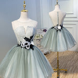 A Line Tulle Flowers Short Homecoming Dress, Cheap Party Dress OKN51