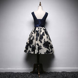 A Line Navy Blue V Neck Homecoming Dress, Short Bow-knot Prom Dress OKN66