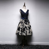 A Line Navy Blue V Neck Homecoming Dress, Short Bow-knot Prom Dress OKN66