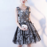 V Neck A Line Flowers Homecoming Dress, Short Grey Prom Dress OKN60