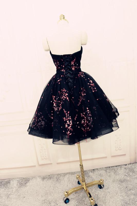 Charming Black Cute Floral Formal Dress, Black Party Dress, Homecoming Dresses OKO72