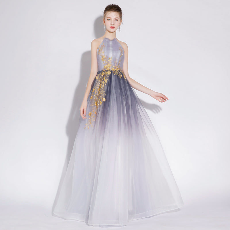 A Line Halter Tulle Long Prom Dress With Appliques OKL28