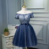 A Line Off the Shoulder Navy Blue Short Homecoming Dresses OKN44