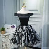 A Line Black Off the Shoulder Homecoming Dresses, Short Prom Dresses OKN69