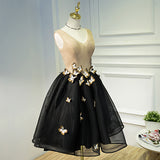 A Line Black V Neck Homecoming Dress, Sleeveless Prom Dress With Butterfly OKN68