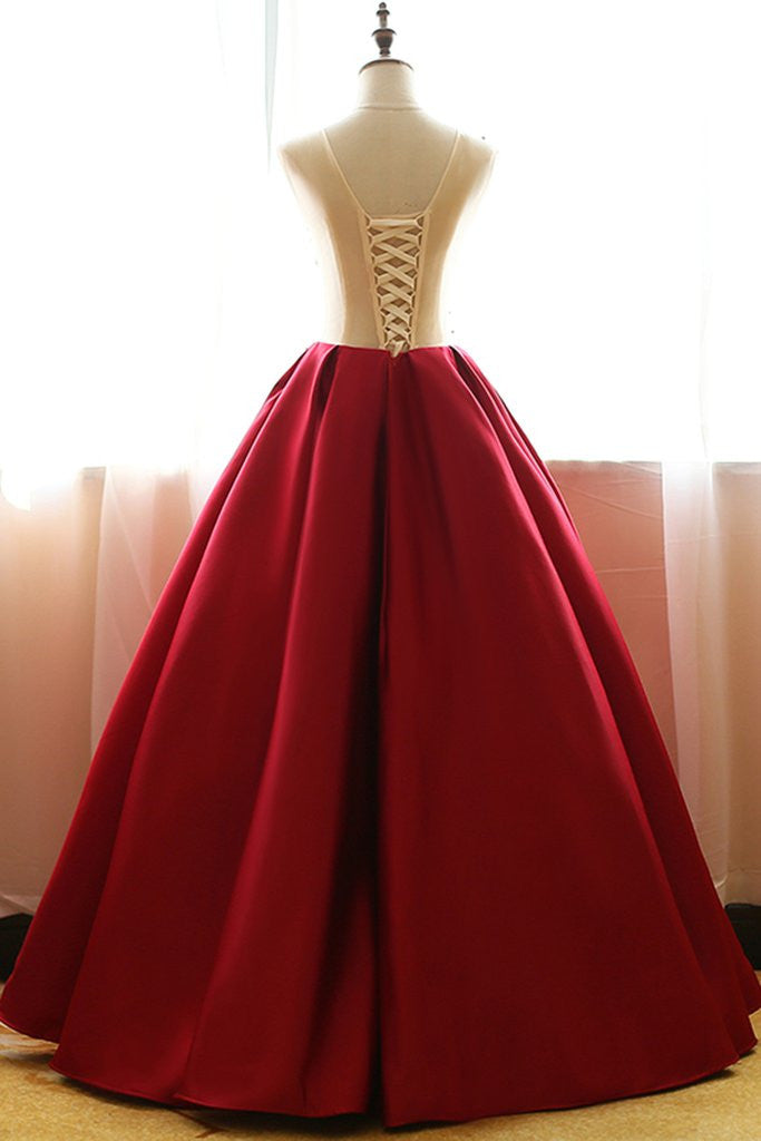 Red Quinceanera Dresses,Floral Satin Aline long Appliques Ball Gown Prom Dress OK240