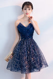 Navy Blue A Line Strapless Sequined Short Homecoming Dresses OKC54