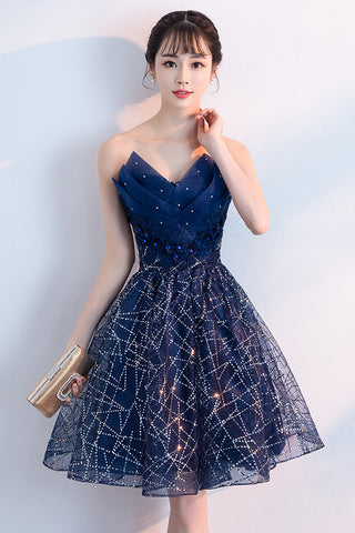 Navy Blue A Line Strapless Sequined Short Homecoming Dresses OKC54