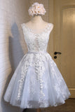 A-Line Lace Appliques V Neck Gray Short Homecoming Dresses OKD6