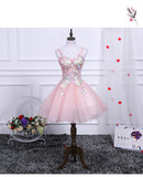 Pink A Line Tulle Spaghetti Straps Homecoming Dress With Appliques OKN54