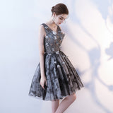 V Neck A Line Flowers Homecoming Dress, Short Grey Prom Dress OKN60