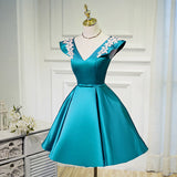 V Neck A Line Satin Appliques Short Homecoming Dress OKN47