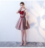Charming A-Line V Neck Red Flowers Short Tulle Homecoming Dresses OKC65
