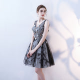 V Neck A Line Flowers Homecoming Dress, Short Grey Prom Dress OKN60