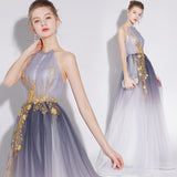 A Line Halter Tulle Long Prom Dress With Appliques OKL28