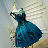 A Line Flower Appliques Round Neck Homecoming Dress, Blue Short Prom Dress OKN71