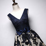 A Line Navy Blue V Neck Homecoming Dress, Short Bow-knot Prom Dress OKN66