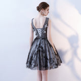 V Neck A Line Flowers Homecoming Dress, Short Grey Prom Dress OKN60