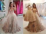 Spaghetti Strap A Line Floral Embroidery Prom Dress Long Formal Party Dress OKH48