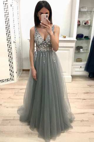 New A Line V Neck Grey Prom Dress, Beaded Sequins Prom Dress OKK22