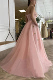 Pink A-line Prom Dress With Stars Princess Bustier Corset Evening Dress With Pocket OKV70