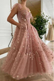 Sparkly Stars Tulle Blush Pink Prom Dress Shiny Princess Evening Dress With Straps OKV59